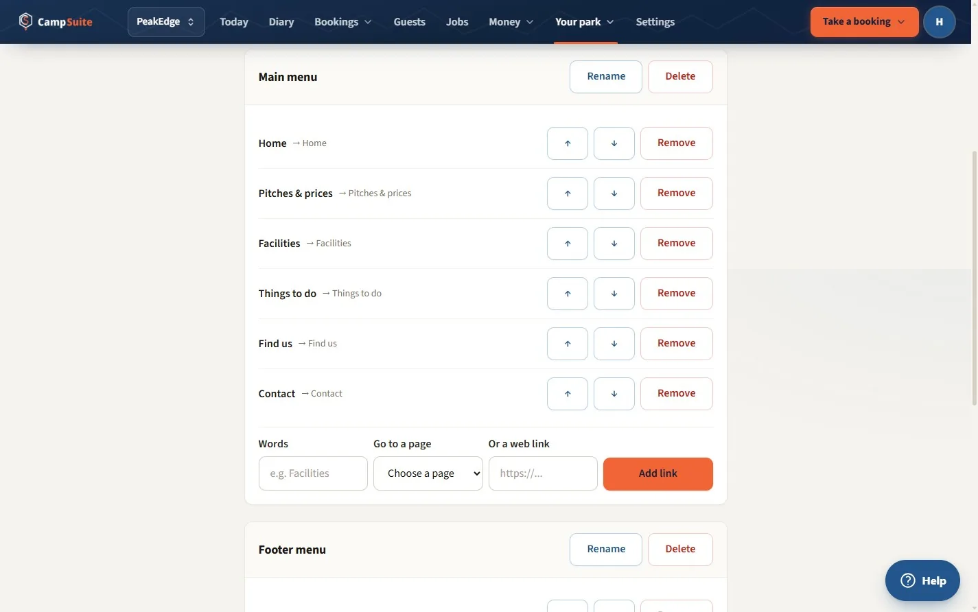The menu editor in the CampSuite website builder, listing navigation links with reorder and remove controls