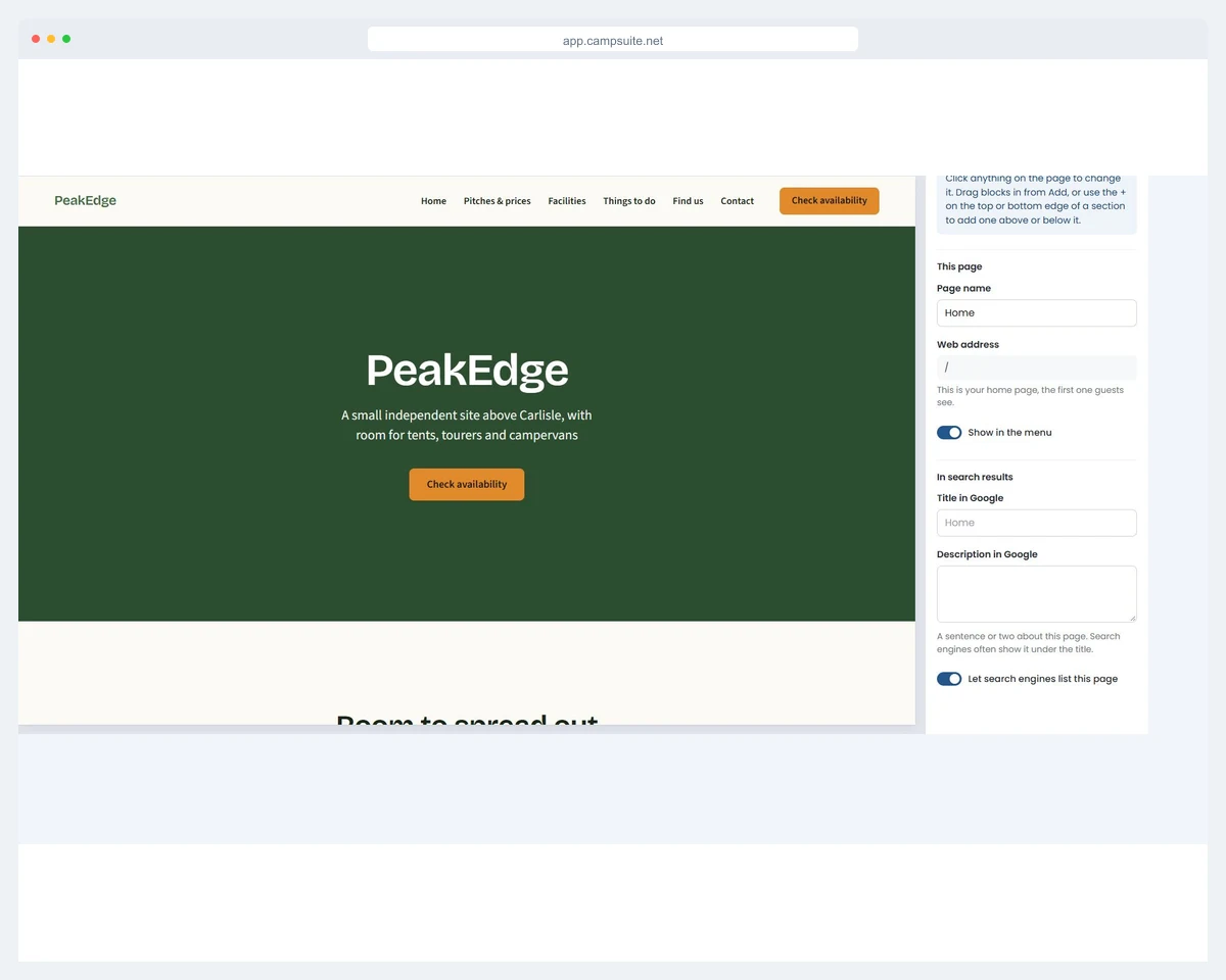 The page panel in the CampSuite website editor, with the page name, its web address, a Show in the menu switch and its title in Google