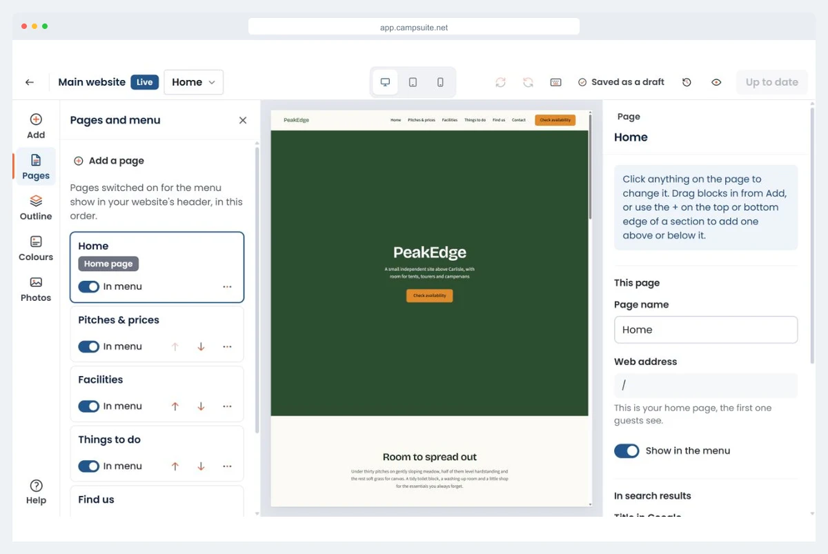 The Pages and menu panel in the CampSuite website editor, listing Home, Pitches and prices, Facilities, Things to do, Find us and Contact, each with an In menu switch and arrows to reorder