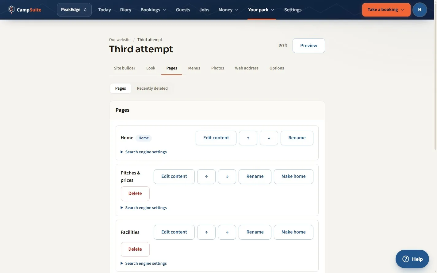 The Pages tab of the CampSuite website builder, listing the site's pages with edit, reorder and rename controls