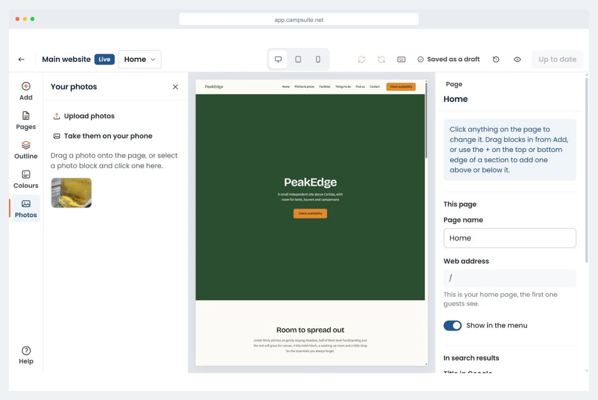 The Your photos panel in the CampSuite website editor, with Upload photos and Take them on your phone, beside the live page