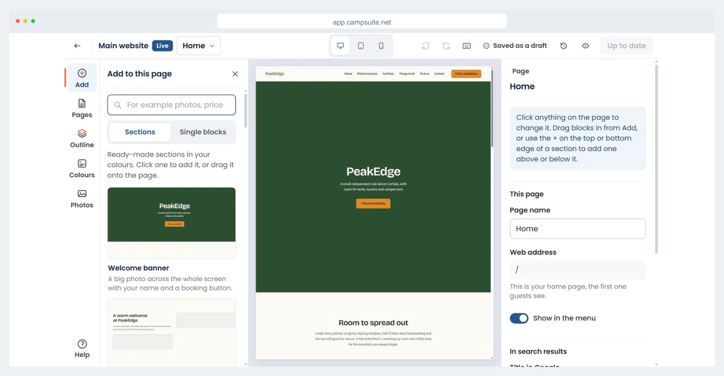 The CampSuite website editor with ready-made sections on the left, including a welcome banner and a photo and welcome, beside a live preview of a campsite home page