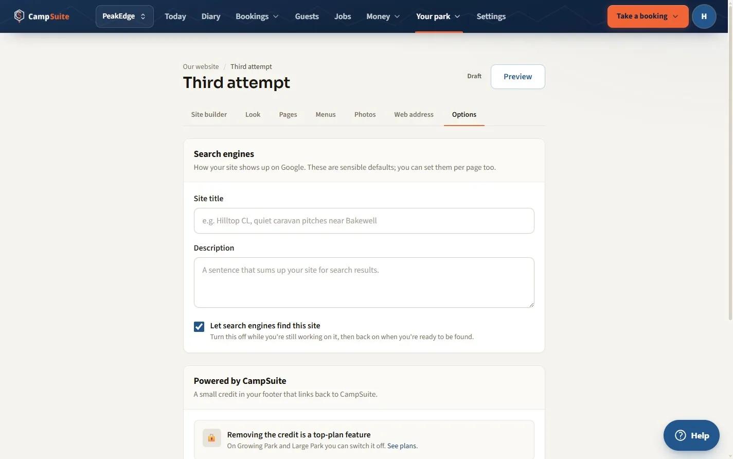 Search-engine and SEO settings in the CampSuite website builder, with a site title, description and a visibility toggle