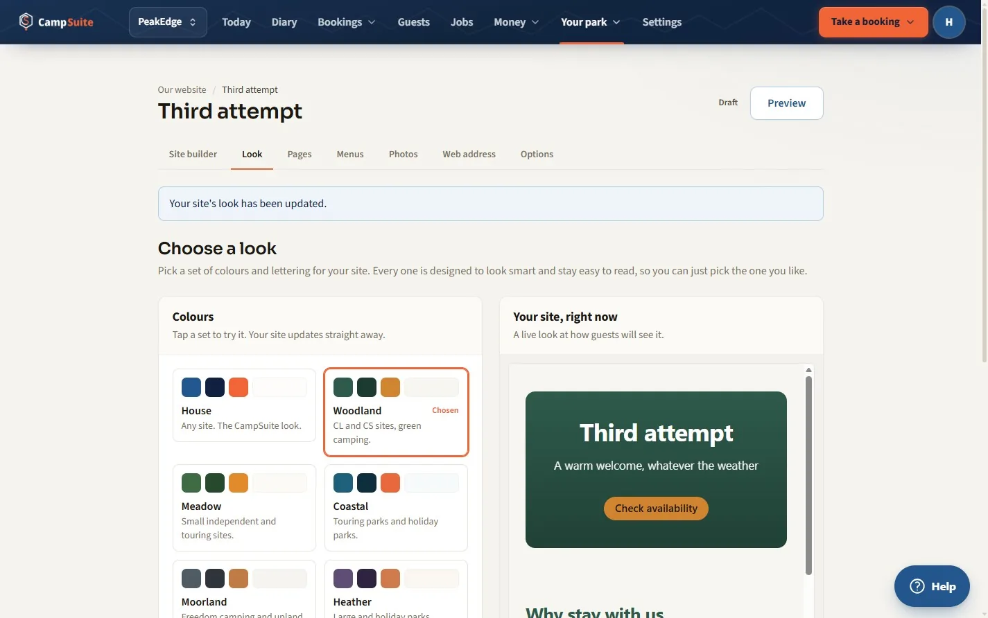 The Look tab of the CampSuite website builder for choosing a colour and lettering theme, with a live site preview