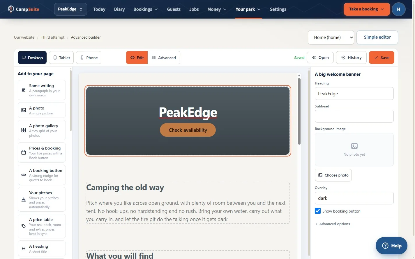 The CampSuite website builder, with a block palette on the left, a live page preview in the middle and block settings on the right