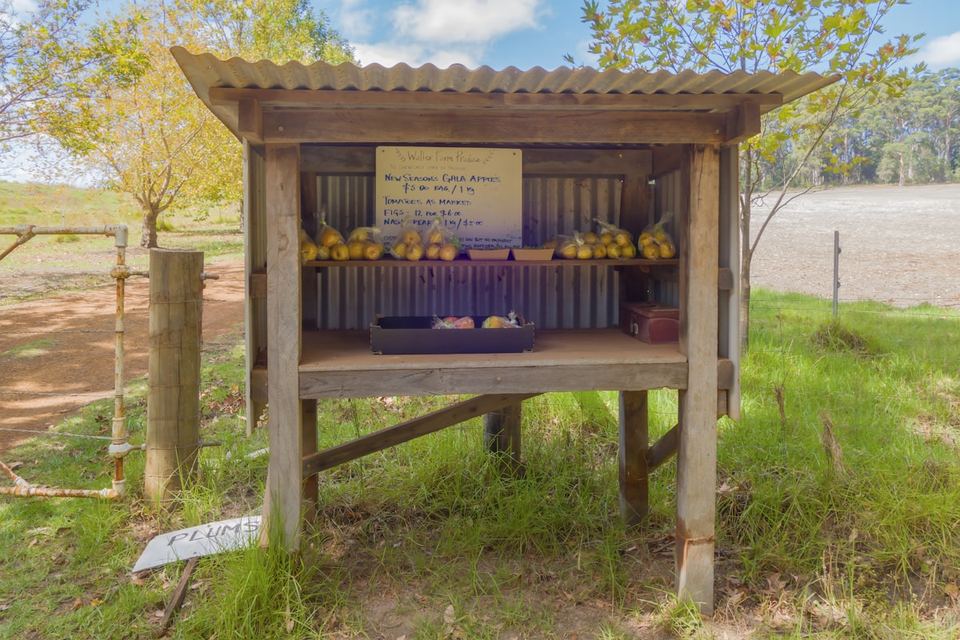 Rustic roadside honesty stall with fresh produce for sale