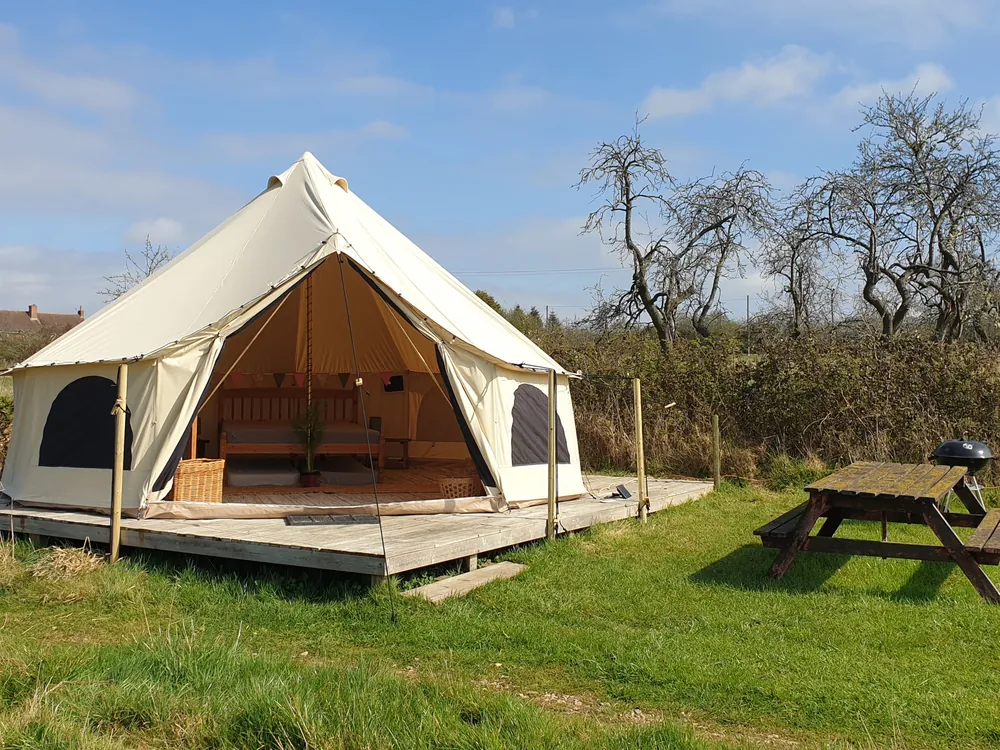 The bell tent at Bredon-Vale on its wooden deck, with a picnic bench and old fruit trees