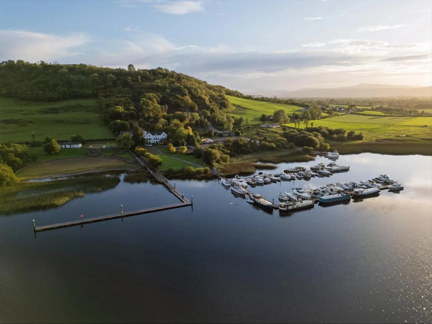 Aerial view of Knockninny Marina on Upper Lough Erne, with boats on the pontoons